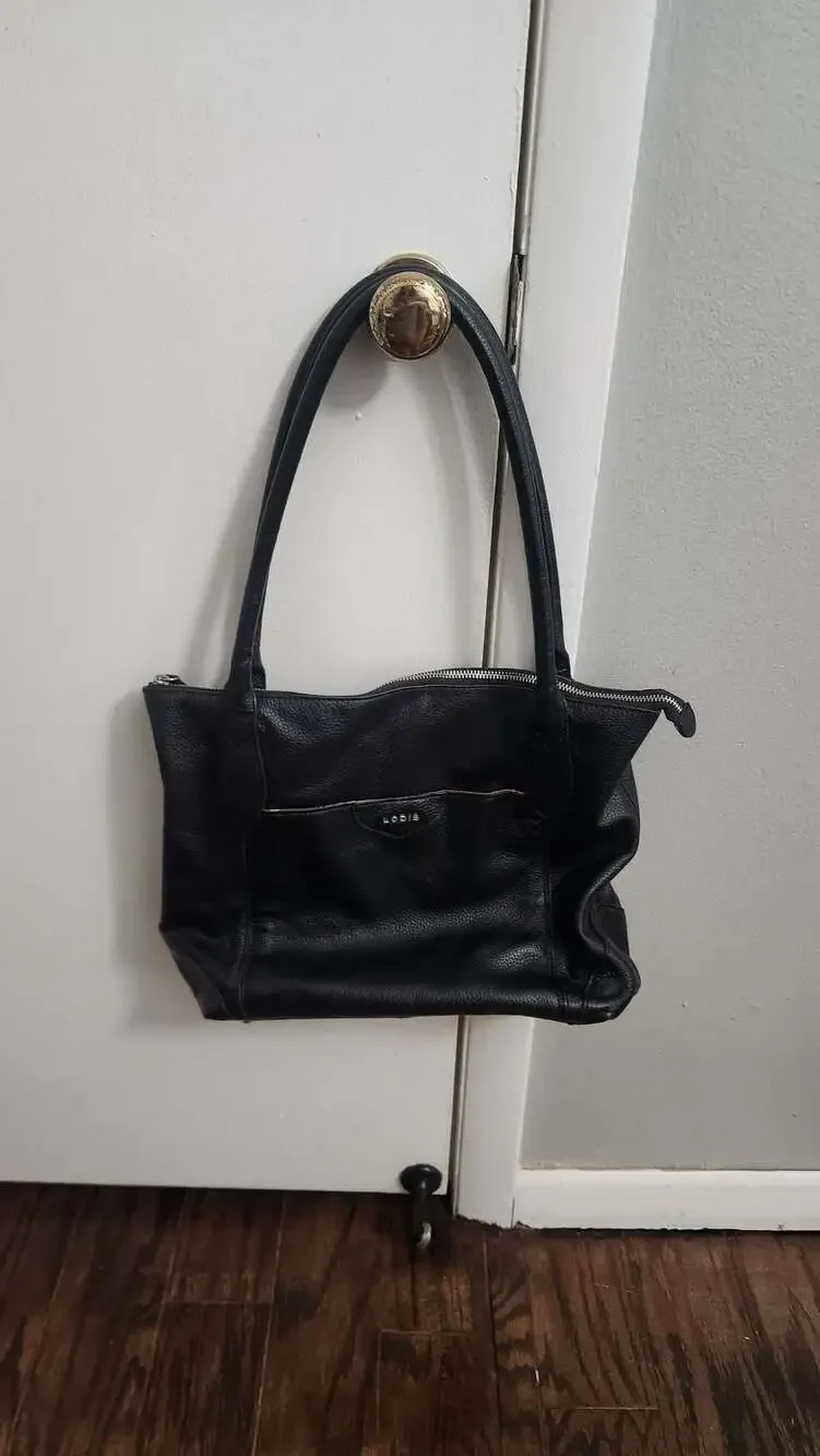 Lodis Black Pebbled Leather Shoulder Tote Bag with Floral Interior